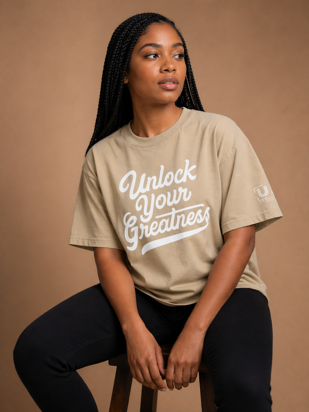 Unlock Your Greatness -Oversized Faded Tee- Khaki/White Urban Gate Apparel