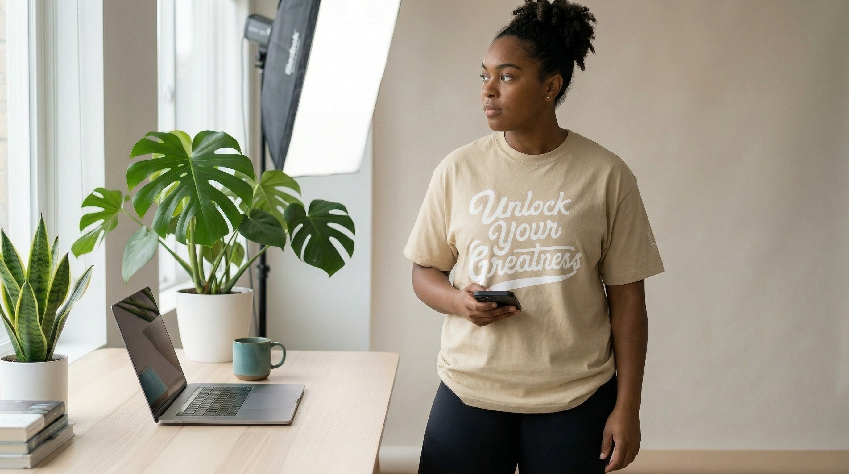 Unlock Your Greatness -Oversized Faded Tee- Khaki/White Urban Gate Apparel